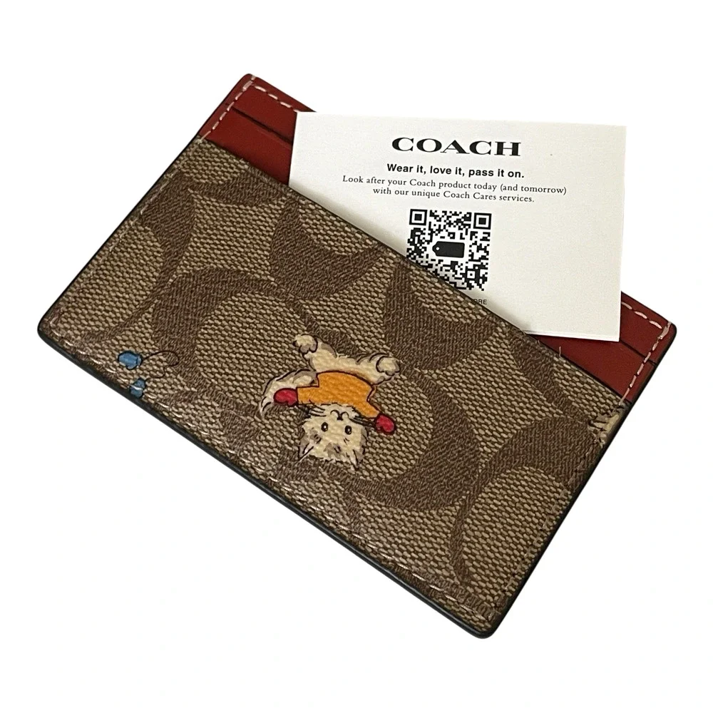 COACH CF336 Cat Mittens Kittens Print CARD CASE Brown Coated Canvas Red Leather